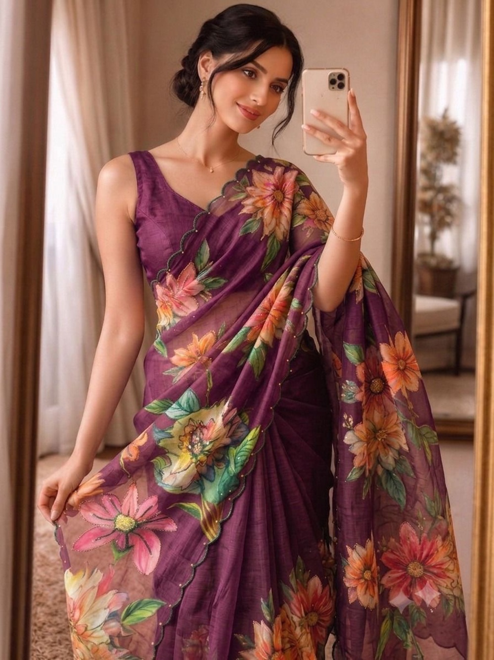 Floral Purple HandPainted Linen Saree with Beaded Work Scalloped Edge